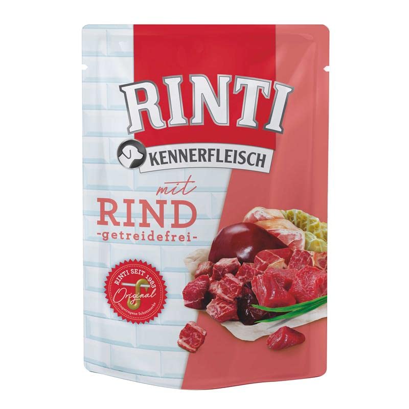 Rinti Kennerfleisch Rind | 10 x 400 g | Alleinfutter für ausgewachsene Hunde im Frischebeutel | Getreidefreies Futter mit hohem Fleischanteil | Zur Regulierung der Verdauung