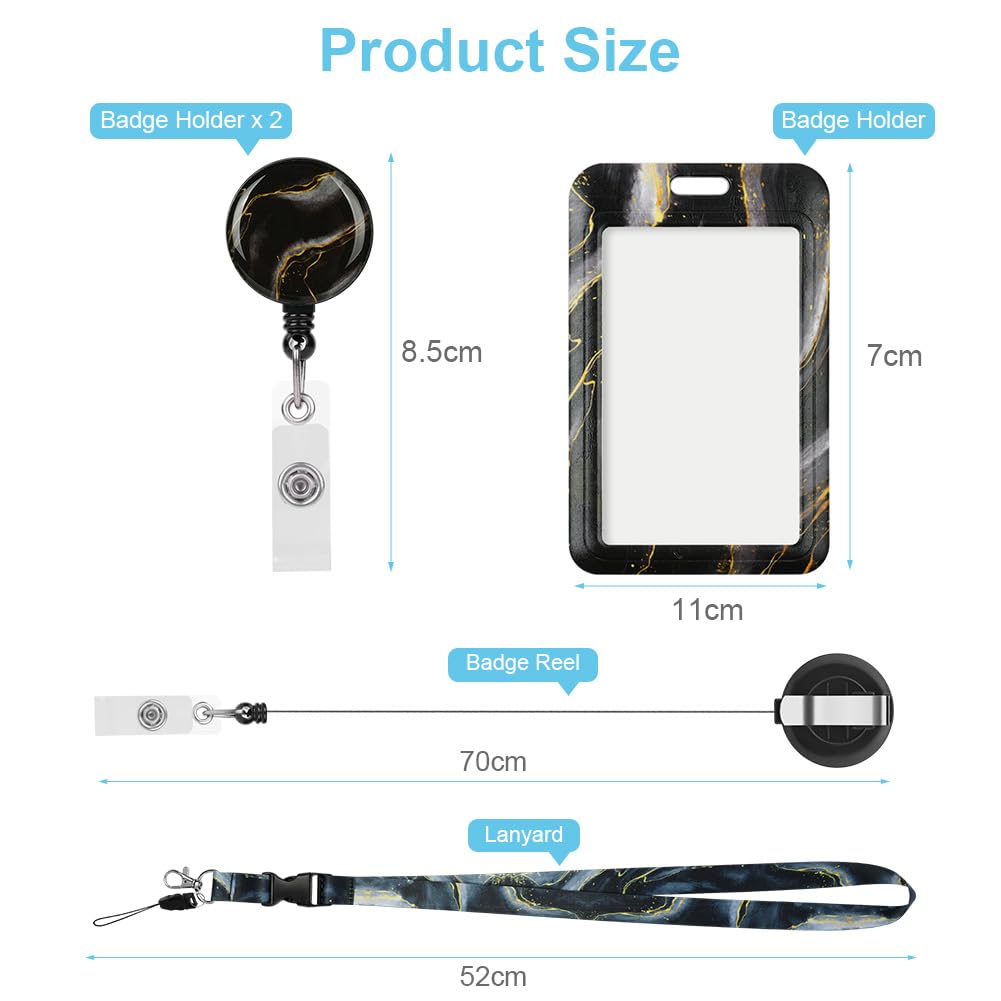 Vicloon 2Pcs ID Badge Holder with Retractable Reel and Detachable Lanyard Strap Hard Card Protector for Women Teacher Student (Black Marble) - Image 2