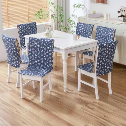 HOMETHREADS Floral Quilted Cotton Chair Cover – Soft, Comfortable Dining Chair Seat Protector with Non-Slip Backing & Strong Elastic Strap for Snug Fit (Navy_White, Pack of 8)