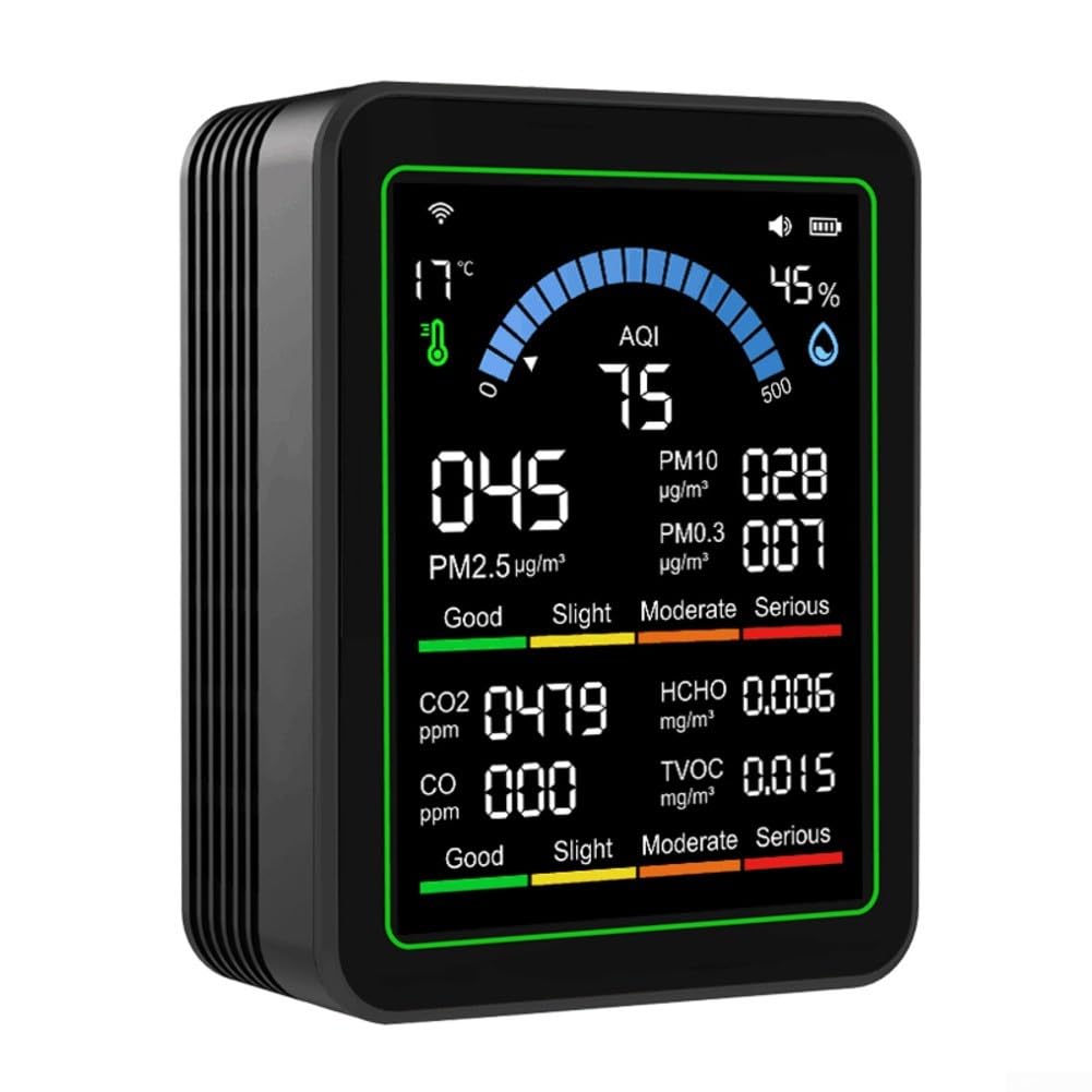 Monitor 10 in 1 della qualità dell'aria per WiFi con PM2.5, HCHO, rilevamento CO, termometro digitale e igrometro, schermo TFT da 2,8 pollici, ricarica Type-C (nero)