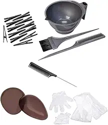 Kit Tintura para Cabelo, 12 Presilhas, Pente Metálico, Protetor de Orelha Marrom, Capa e Luva Descartável, Tigela de Coloração