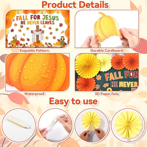Image of Fall Christian Bulletin Board Decorations Set Fall for Jesus He Never Leaves Paper Cutouts for Classroom Autumn Sunday School Church Cross Cutout for Religious School Office Wall Decor