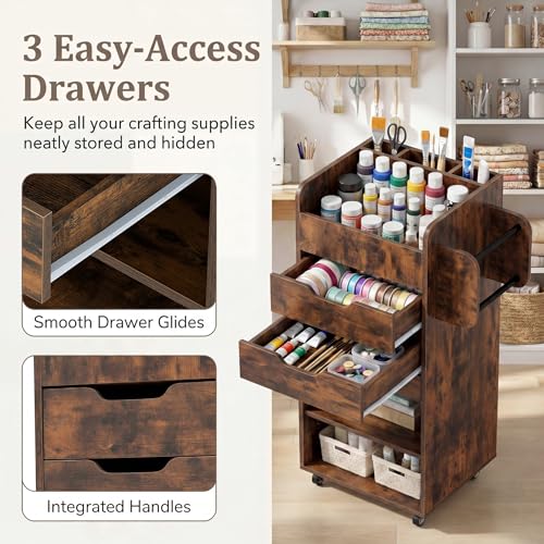 Image of Tangkula Rolling Storage Cart with Drawers, Industrial Aesthetics Organizer Cart w /Lockable Casters, Makeup Utility Cart w /3 Shelves, Slots & Dowels, Storage Cabinets on Wheels, Home Office Craft Cart