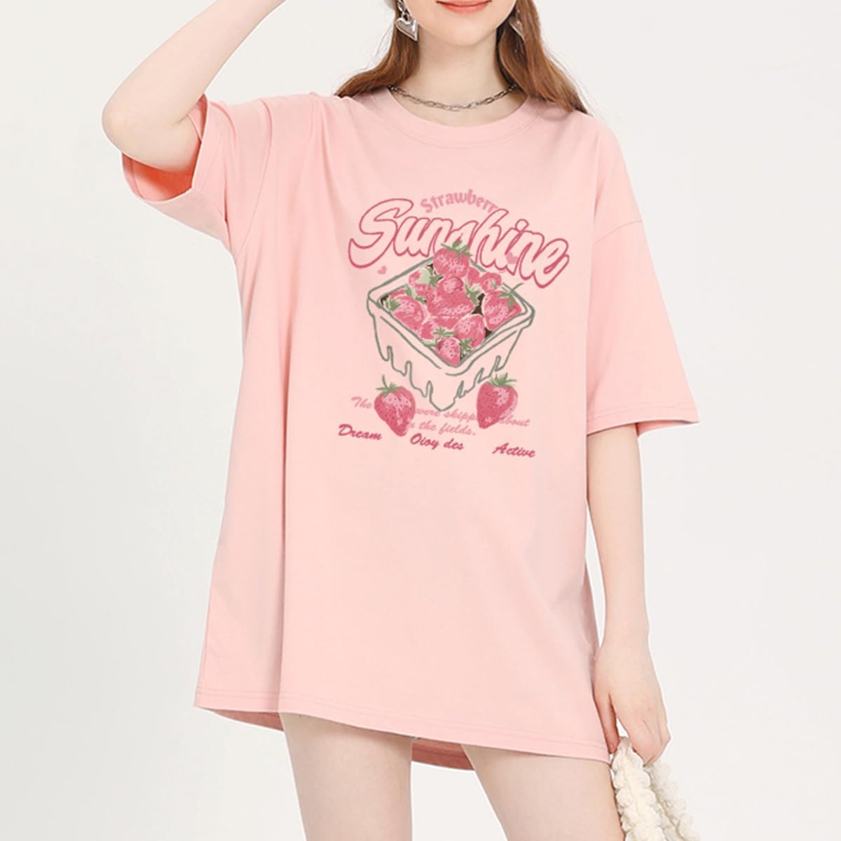 Fashion Cute Round Neck Tee Y2K Kawaii Strawberry Graphic Short Sleeve Harajuku Oversized Women's T-Shirt - Image 3
