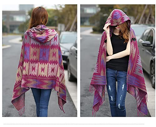 Uyuni Women's Bohemian Casual Shawl Fringe Poncho Cashmere Loose Vintage Patterned Cardigan (Purple) #TOP2