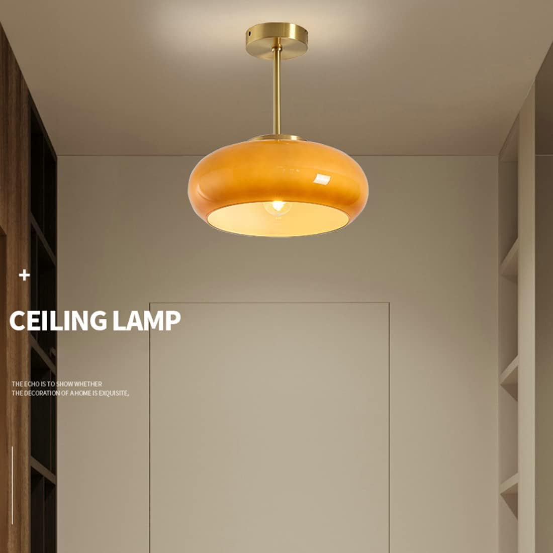 Gold Semi Flush Mount Ceiling Light Glass Mid Century Modern Ceiling Lamp Brushed Brass Flush Mount Ceiling Light with Orange Dome Glass Shade for Hallway Dining Room Bedroom
