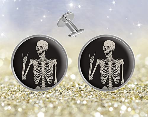 Lctckp Custom Personality Men's 2Pcs Fashion Dazzling Shirt Cuff Links Initial Silver Round Cufflinks (Skull Human Skeleton) #TOP1