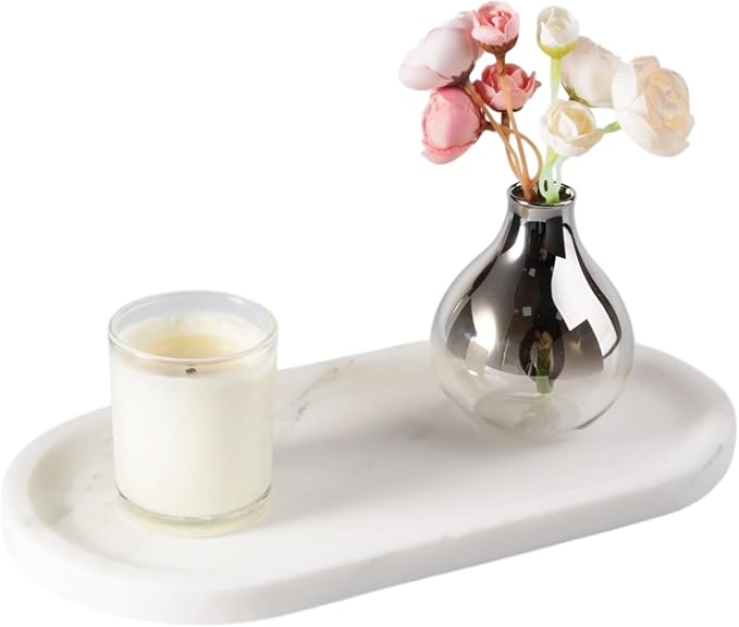 Koville Natural Marble Tray for Bathroom Countertop, Marble Storage Trays for Perfume, Cosmetics, Jewelry, Vanity Tray Stone Trays for Kitchen, Decorative Tray for Dresser Organizer(Calacatta White)