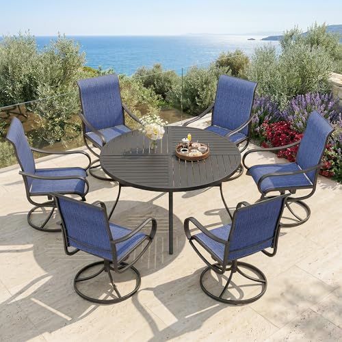Image of PHI VILLA 7 Piece Outdoor Patio Dining Set with 6 Swivel Dining Chairs & 1 Large Round Dining Table, Blue Textilene Mesh Fabric Chair and 54 inch Metal Table for All Weather