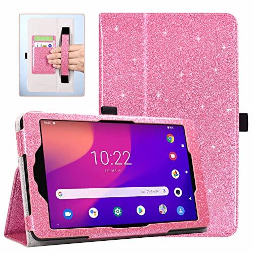 DMLuna Case for Metro by T-Mobile Alcatel Joy Tab 2, 8 Inch Tablet 2020 Release, PU Leather Shockproof Folio Cover Protector Accessory with Handle Hand Strap, Stand, Card Slot, Glitter Pink