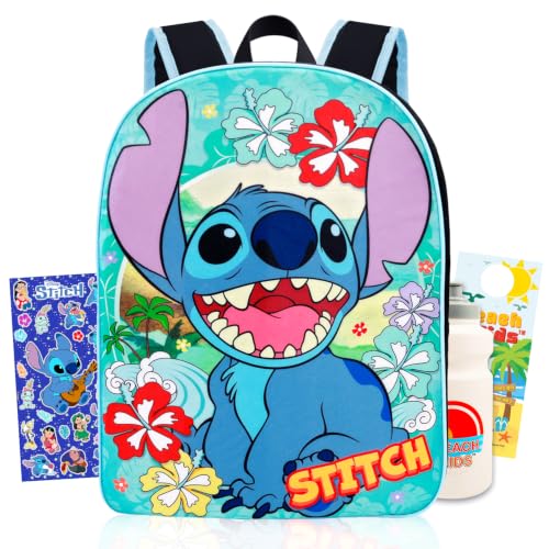 Disney Conjunto de mochila Lilo and Stitch para meninas – Pacote com mochila de 38 cm e garrafa de água, adesivos, mais | Bolsa escolar Stitch para crianças, meninas