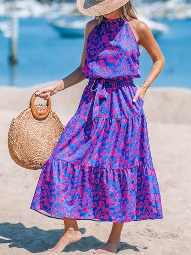 Image of CUPSHE Women's Midi Dress Halter Floral Sleeveless Belted Ruffled A Line Casual Summer Dress
