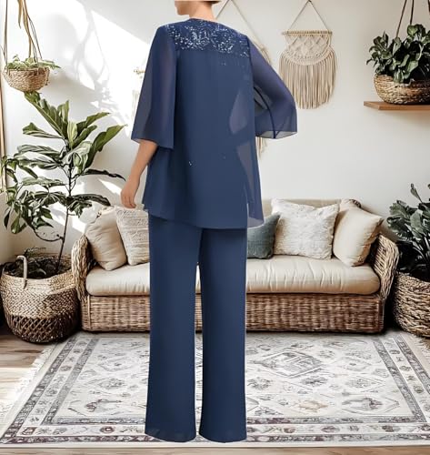 Chiffon Applique 3/4 Sleeve 3 Piece Mother of The Bride Pantsuits for Wedding Guest Formal Occasions with Jackets3