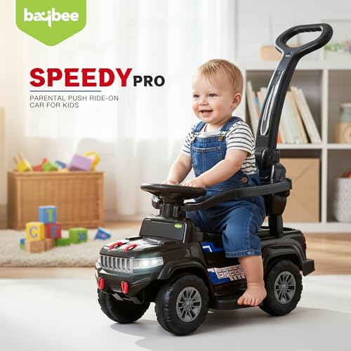 Image of Baybee Speedy Pro Baby Ride on Car for Kids with Parental Handle | Portable Kids Car with LED Lights, Music, Backrest & Basket | Toy Rideons Jeep | Toddler Push Baby Cars for 1 to 3 Years (Black)
