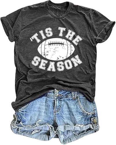 Game Day Outfits Shirts Women O-Neck Sunday Football Graphic Tee Tops Funny Football Game Day Casual Shirts(Large,Dark Grey)