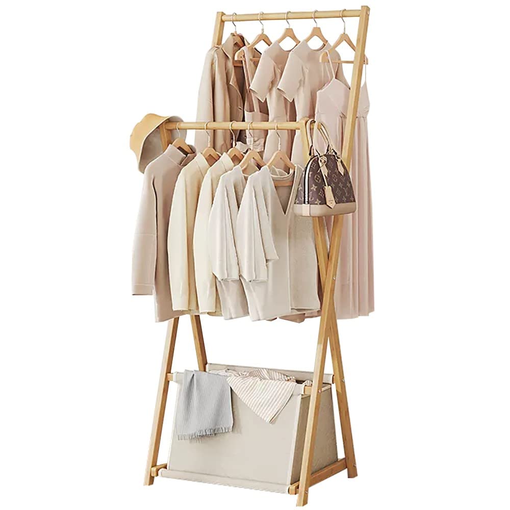 Starms D Bamboo Clothes Rack, Freestanding Garment Rail Rack With 2 Hanging Rails An Storage Shelf, Storage Shelves For Coats, Bags, Shoes, Boots/D/50 * 38 * 155Cm