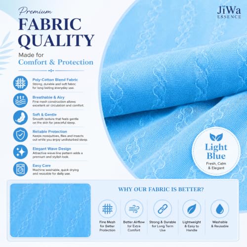 Image of Mosquito Net for King Size Bed & Double Bed (6x7 ft, Wall /Hook Hanging) Poly-Cotton Blend Fabric with Wave Line Pattern, Pre-Fitted Bottom & Cotton Ribbon (Ocean Blue)
