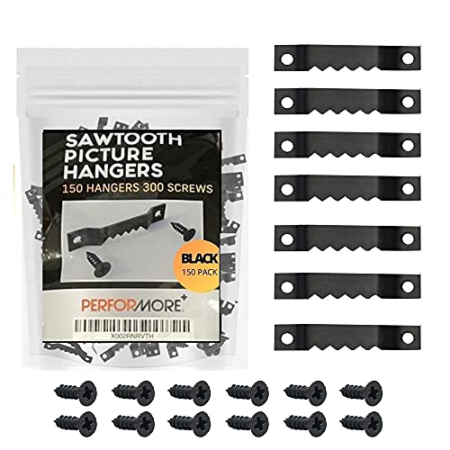 PERFORMORE Sawtooth Picture Hangers, 150 Pack Picture Frame Hanging Hardware, Double Hole Photo Frame Hangers with 300 Screws, for Wall Clock Paintings Decor Artwork Picture Frame Hook Photos (Black)