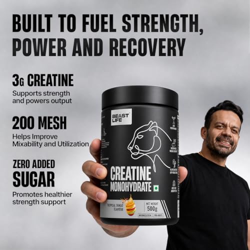 Image of BEASTLIFE Super Micronized Creatine Monohydrate Powder 500g | 135 Servings Tropical Tango Flavor | NABL Lab Tested | Premium Sports Nutrition for Strength & Performance