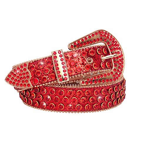 Womens Belt,Crystal Rhinestone Belts Men Women Unisex Diamond Studded Western Belt Designer Leather Belt,Red,110CM/43''