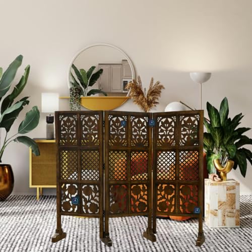 Image of Wooden Room Partition Screen with Burnt Wood Finish | Hand Buffed Traditional Handicraft Room Divider | 6 Ft Height Indoor Room Separator (3 Panel 4 Feet with Stands)