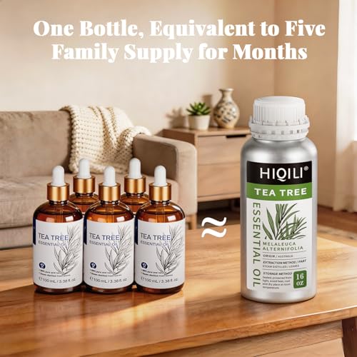 Image of HIQILI Tea Tree Oil for Skin, Hair, Nail, Diffuser, Soap Making | Includes Two Portable Decanters - 500mL / 16 fl.oz