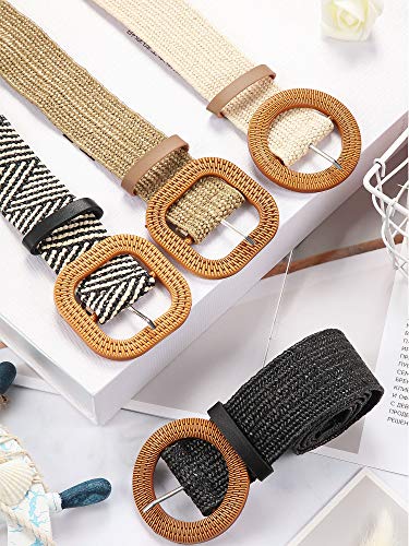 4 Pièces Ceinture de Taille Élastique Extensible en Paille Tissée Ceinture de Robe Skinny pour Femme Bande de Robe de Taille de Boucle de Style en Bois