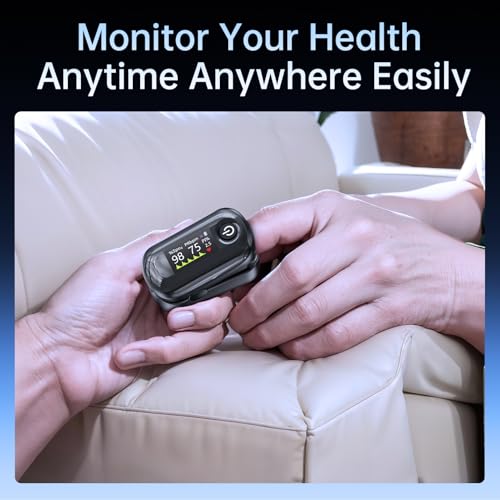 Image of Alecaremed Pulse Oximeter, 4 Color OLED Display Oxygen Monitor Fingertip with 20 x Memory, Blood Oxygen Saturation Monitor (SpO2), Alarm & Brightness Adjustable, Batteries & Lanyard (Black)