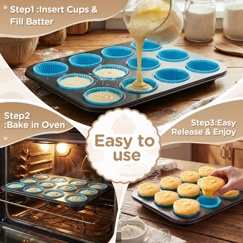 Ferrochef 2 Set 12-cup Non Stick Carbon Steel Muffin Pan for Baking with 24 Reusable Silicone Liners, Non Toxic Cupcake Pan Muffin Tin for Easter Wedding Brownies Egg Bite, Easy to Pop(Blue) by Ferrochef - Image 4