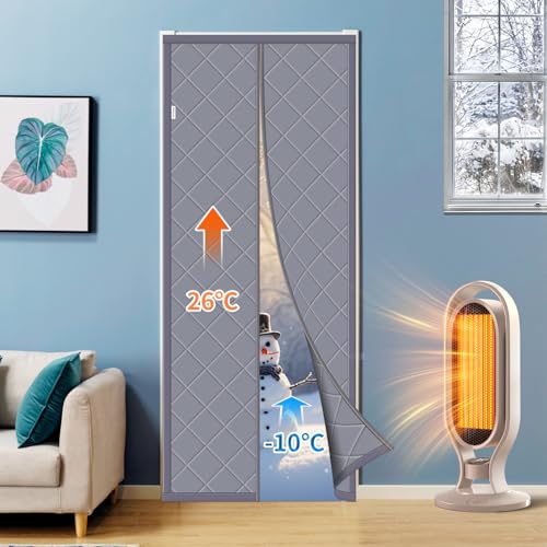 Magnetic Thermal Insulated Door Curtain for Winter Fits Door Size 32" x 80" Temporary Thermal Insulation Door Cover Upgraded Thicker Oxford Cloth Polyester Fiberfill for Doorway(Grey)