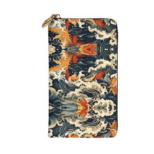 Stylish fish leap dragon gate Pattern Leather Wallet - Long Clutch for Women, RDurable Material, 12 Card Slots, Zipper Compartments2