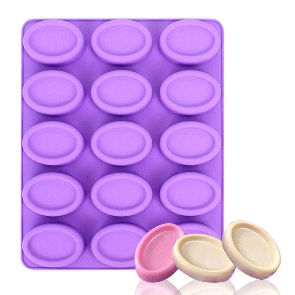 PURENSOSelect - 15 Cavities Raised Bottom Oval Shape Silicone Mould/Mold (PUR1015-37) Soap Cake Making Mould, Multicolor