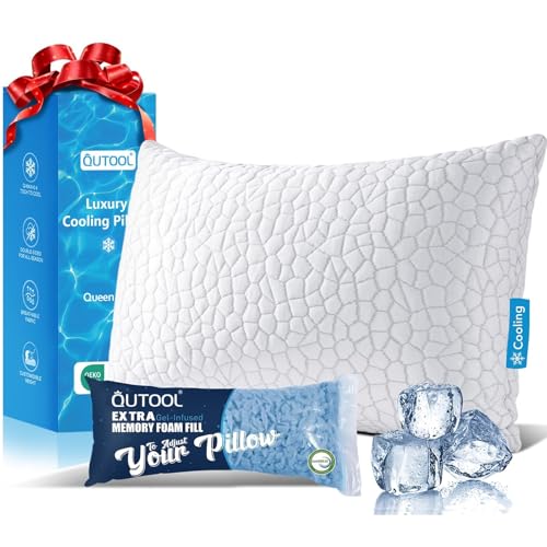 QUTOOL Cooling Pillow for Sleeping, CertiPUR-US Shredded Memory Foam Queen Pillow Set of 1, Cool Pillow for Hot Sleepers Adjustable Firm Pillow for Side, Back, Stomach Sleepers Soft Yet Support, White