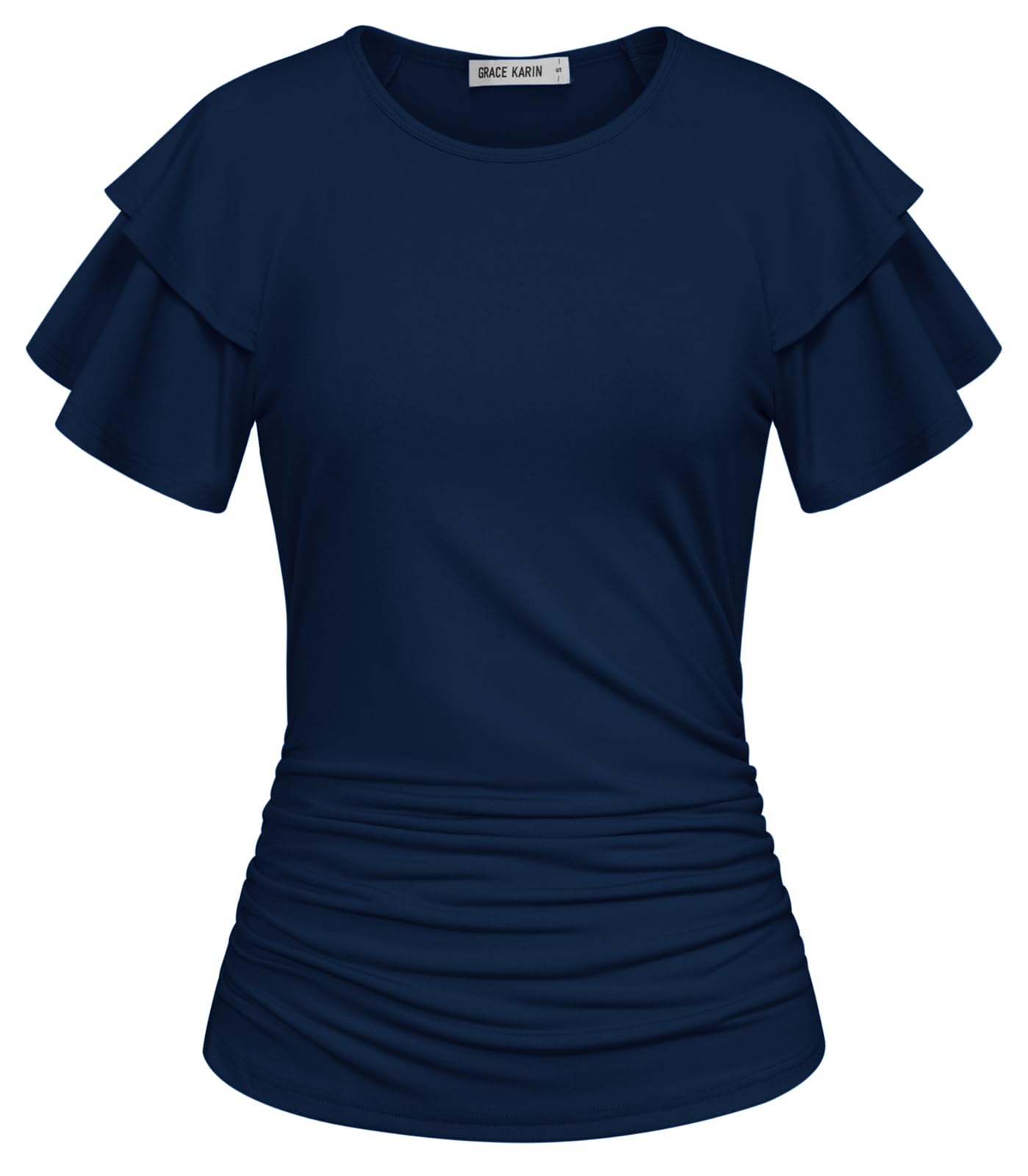 GRACE KARIN Summer Tops for Women Dressy Casual, Ruffle Short Sleeve Work Shirt, 2026 Spring Blouses Navy Blue Medium
