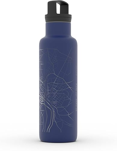 Miniatura 265 de Well Told Botella de agua aislada con mapa Chicago Illinois, grabado de acero inoxidable (21 onzas, gris muelle) botella aislada de mapa