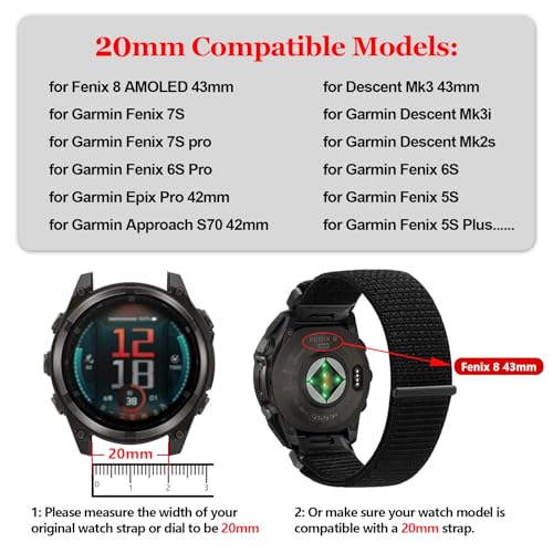 CFXHWZH Nylonowe paski 20 mm kompatybilne z Garmin Fenix 8 AMOLED 43 mm, sportowe Quickfit pasek Puelsera do Fenix 7S/7S Pro/6S/6S Pro/5S/5S Plus/Descent Mk2s/Mk3/Mk3i 43 mm/Epix Pro/Approach S70 42