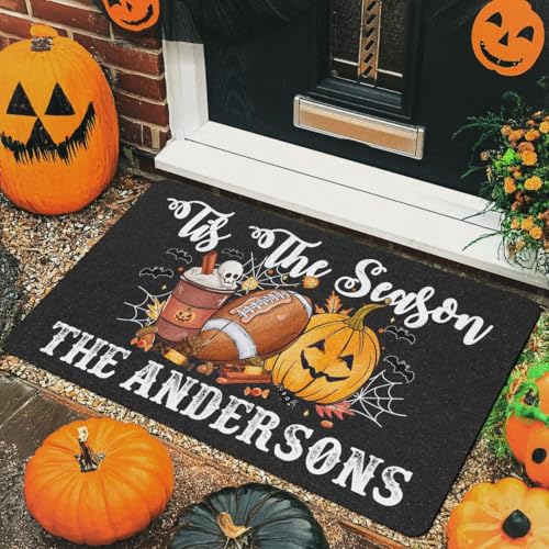 Welcome Halloween Doormat, Tis The Season Halloween Doormat Custom Family Name Fall Football Welcome Mat, Non Slip Rubber Backing, Indoor/Outdoor Use, Spooky Home Decoration, in USA