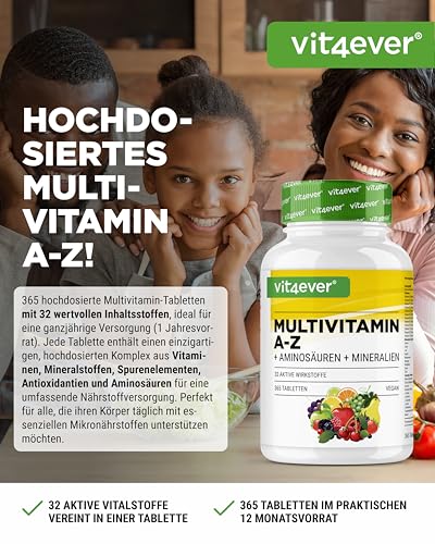 Multivitamin A-Z - 365 Tabletten (12 Monate) - 32 aktive Inhaltsstoffe - Kombination aus Mineralien + Aminosäuren + Spurenelementen + Pflanzenextrakten - Vegan - Hochdosiert – Bild 3