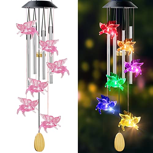 Aionasa Pig Solar Wind Chimes With 4 Music Aluminum Tubes, 7 Colors Changing Outdoor Waterproof Flying Pig Led Wind Bell, Patio Garden Yard Decor(Gifts For Dad,Mom, Women, Gardening Gifts) #TOP2