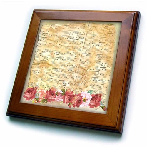 3dRose Image of Vintage Style Music Sheet with Roses Framed Tile, 8 x 8