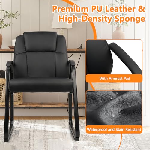 Image of CLATINA Classic Leather Soft Reception Chair with Padded Armrests and Sled Base, Executive Guest Chair for Office Computer Desk Conference Waiting Meeting Room, Black (1 Pack)