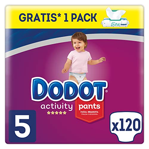 Dodot Pañales Bebé Activity Pants Talla 5 (12-17 kg), 120 Pañales + 1 Pack de 48 Toallitas Dodot Aqua Pure de Regalo