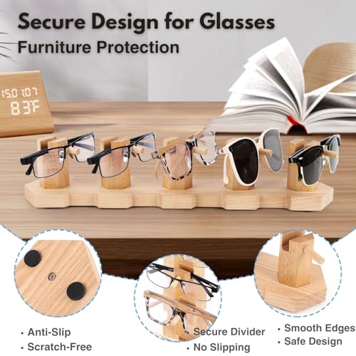 VOREN Beechwood Sunglasses Organizer Stand – Premium Eyeglass Storage Rack for 5 Pairs | Stable, No-Assembly Glasses Holder & Sunglass Display for Desk, Counter