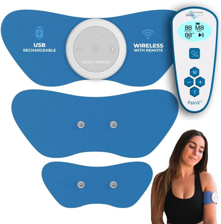Soterix Medical PainX TENS Wireless Tens Unit Muscle Stimulator - FSA Tens Unit for Back Pain, Knee, and Neck, USB Rechargeable, 4 Electrode Pads, Designed in USA, US Customer Support