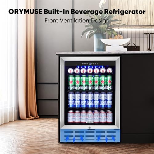 Image of ORYMUSE 24 inch Beverage Refrigerator, 180 Can Under Counter Drink Cooler with Glass Door & Lock, Built-in or Freestanding Mini Fridge with Quiet Compressor Cooling for Beer, Soda & Wine