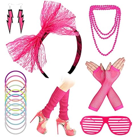 80s Costume Accessories Set for Women Victop Fancy Party Accessories Set with Neon Headband Earrings Fishnet Gloves Necklace Bracelet Leg Warmers Glasses for Girls 1980s Retro Party Hen Do Parties Cover