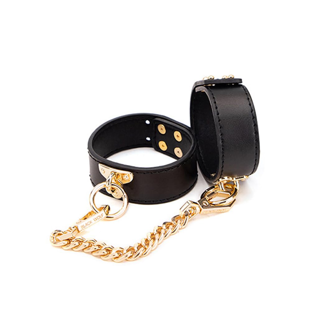 Giocattolo di coppia in pelle, cinturino regolabile con catena dorata, polsino con gancio, accessorio per gioco di ruolo, nero
