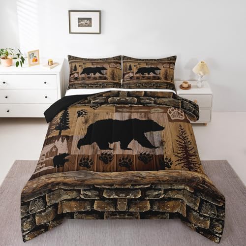 Feelyou Cute Bear Bedding Set - Twin Size Rustic Cabin Country Comforter Set, Paw Wildlife Bear Duvet Set Room Decor Quilt Set