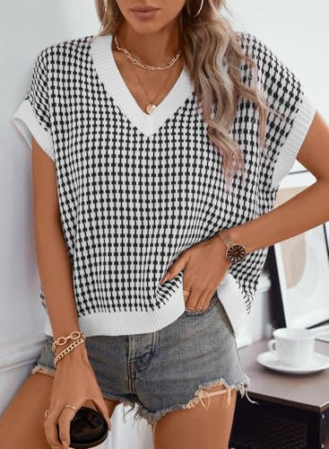 Dokotoo Womens Casual Summer Tops V Neck Short Sleeve Plaid Knit Vest Loose Fit Pullover Sweaters Blouses2