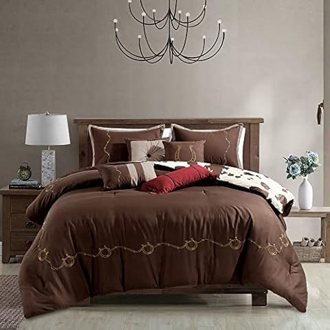 Linen Mart Rustic Cowhide Brown & White Cow Print Skull Bedding Comforter Sets - 7 Pcs Bedding Sets with Comforter Set, Super Bed in A Bag Queen/King Size, Reversible Luxury Bedding Set (Queen) Cover